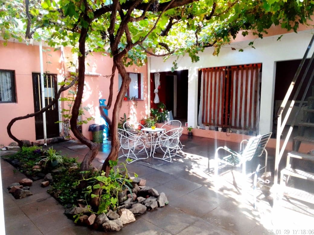 Patio con mesas y sillas de hierro bajo el parral